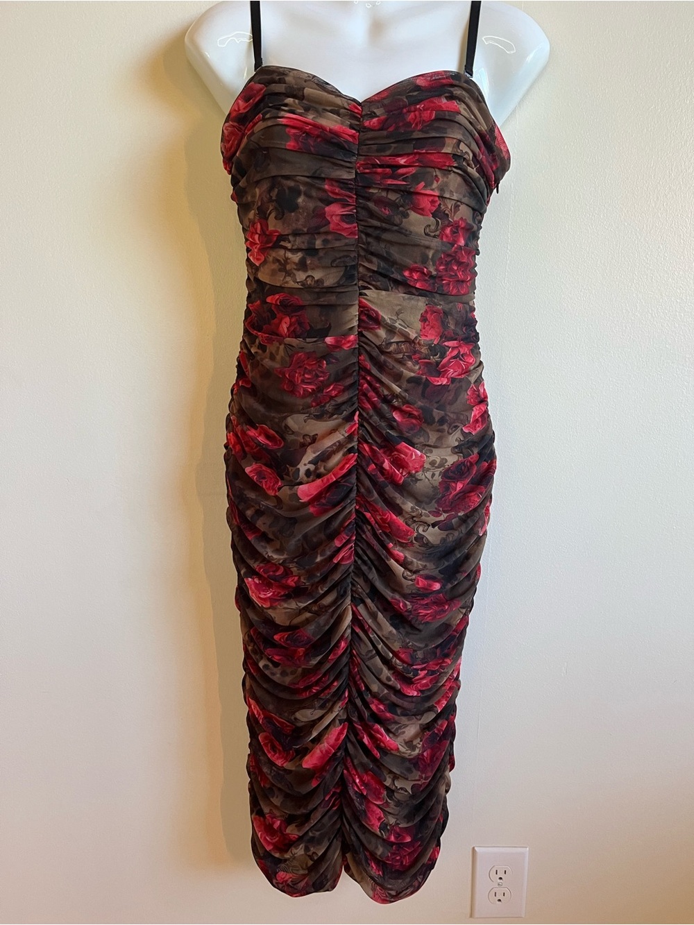 L'AGENCE Caprice Dress Ruched Knee Lngth Brown w-Red Rose Floral Print Sz 8 NWT